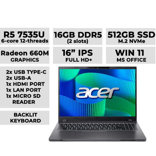 Acer TravelMate P2 TMP216-41-R4MM Laptop 16" | Ryzen 5 PRO 7535U | 16GBx1 DDR5 | 512GB NVMe | Radeon 660M Graphics